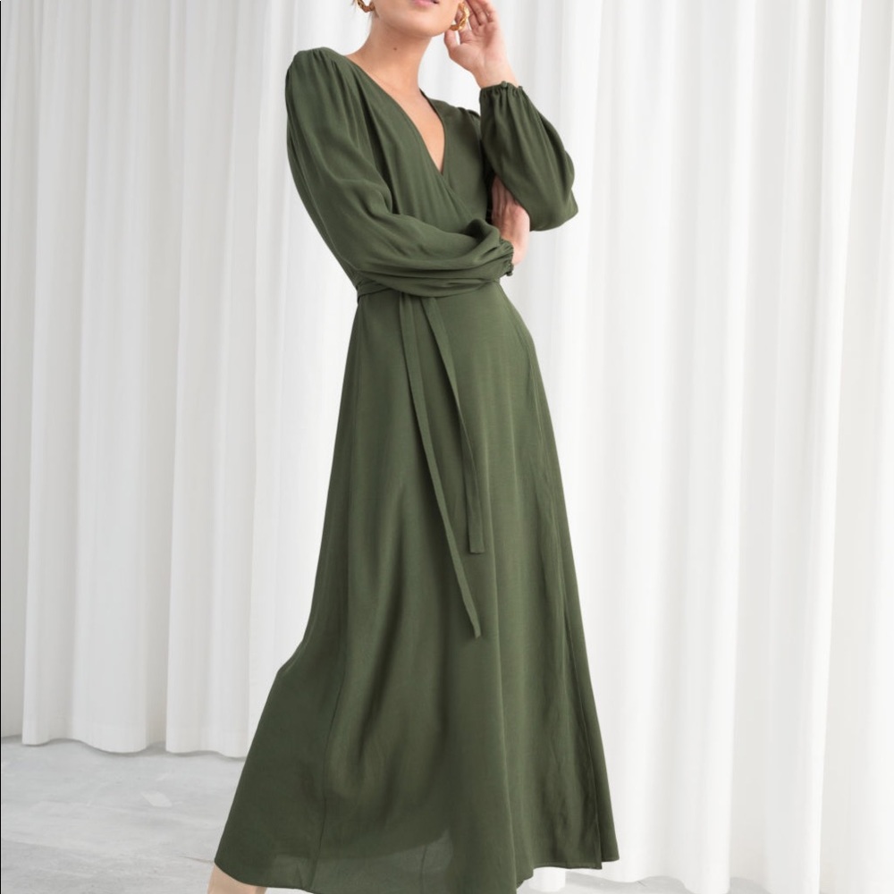 Midi wrap dress.  Olive green. Missing button.
